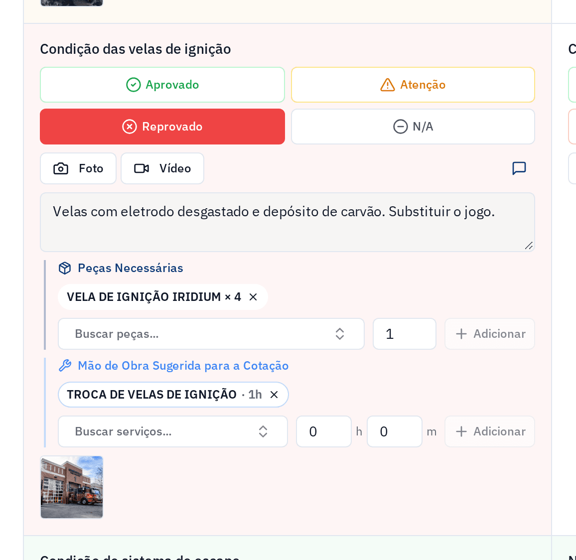 Item reprovado com foto e nota
