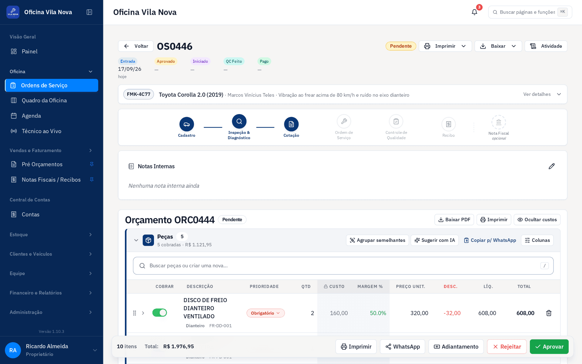 Orçamento com itens obrigatórios e recomendados