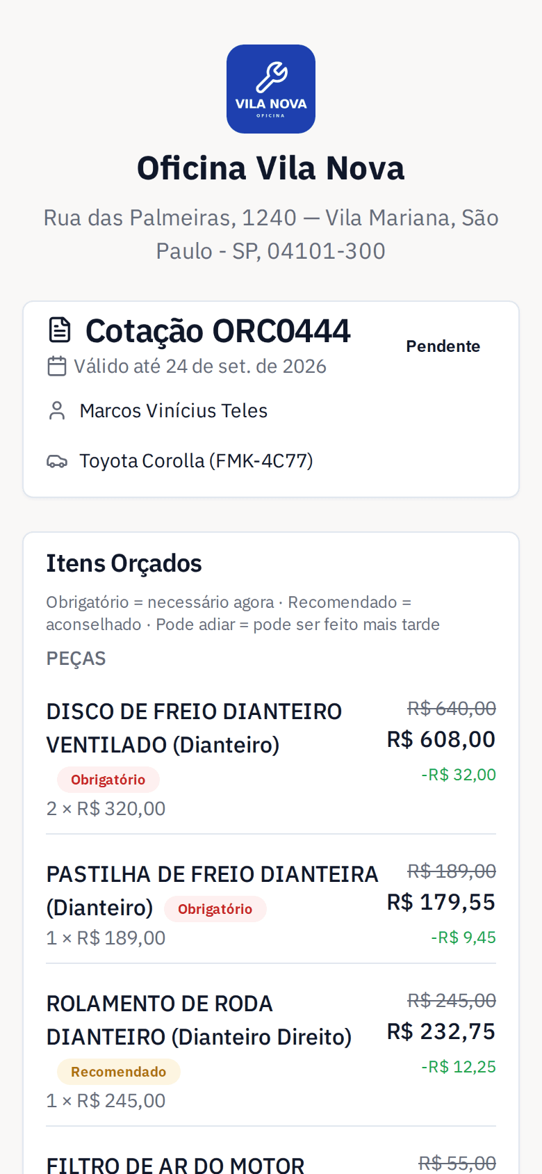 Cliente aprova o orçamento pelo celular