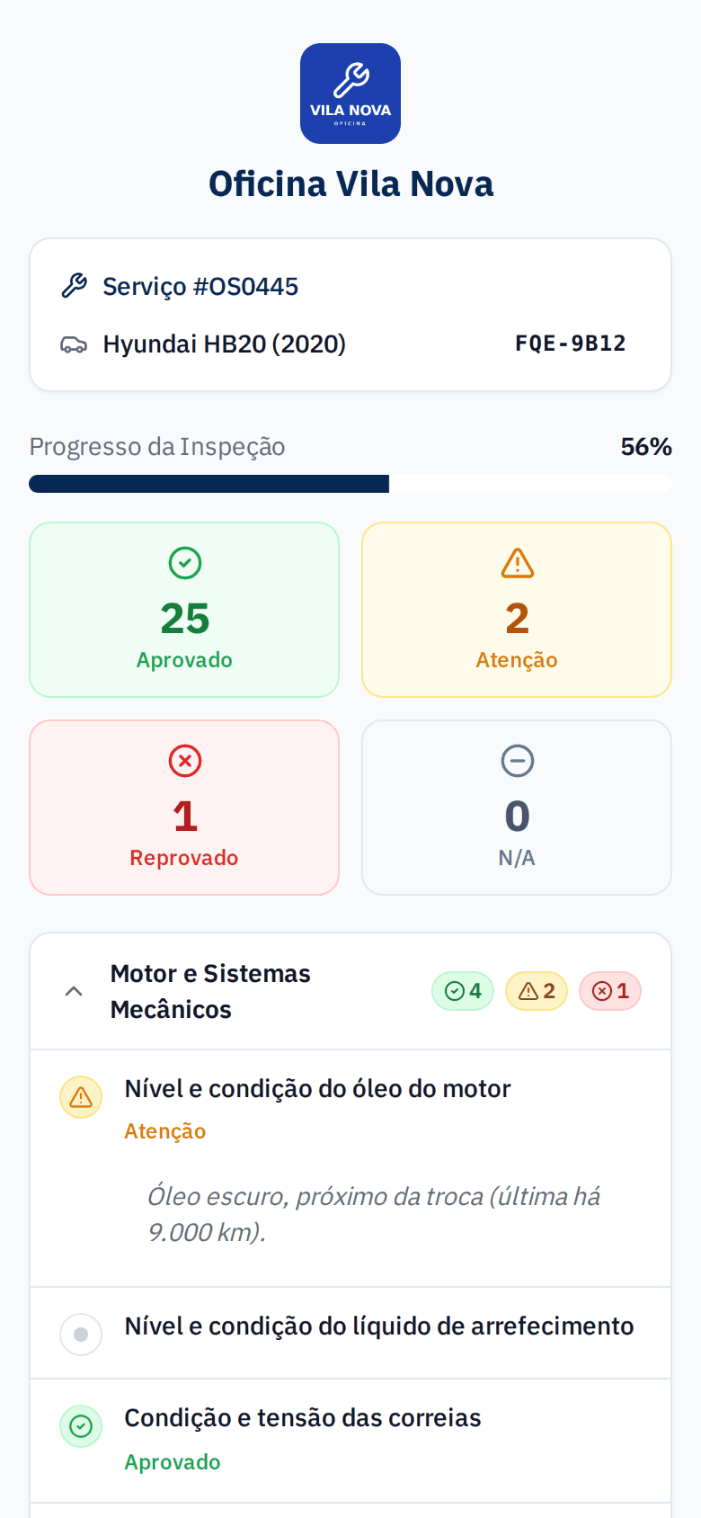 Inspeção digital no celular do cliente